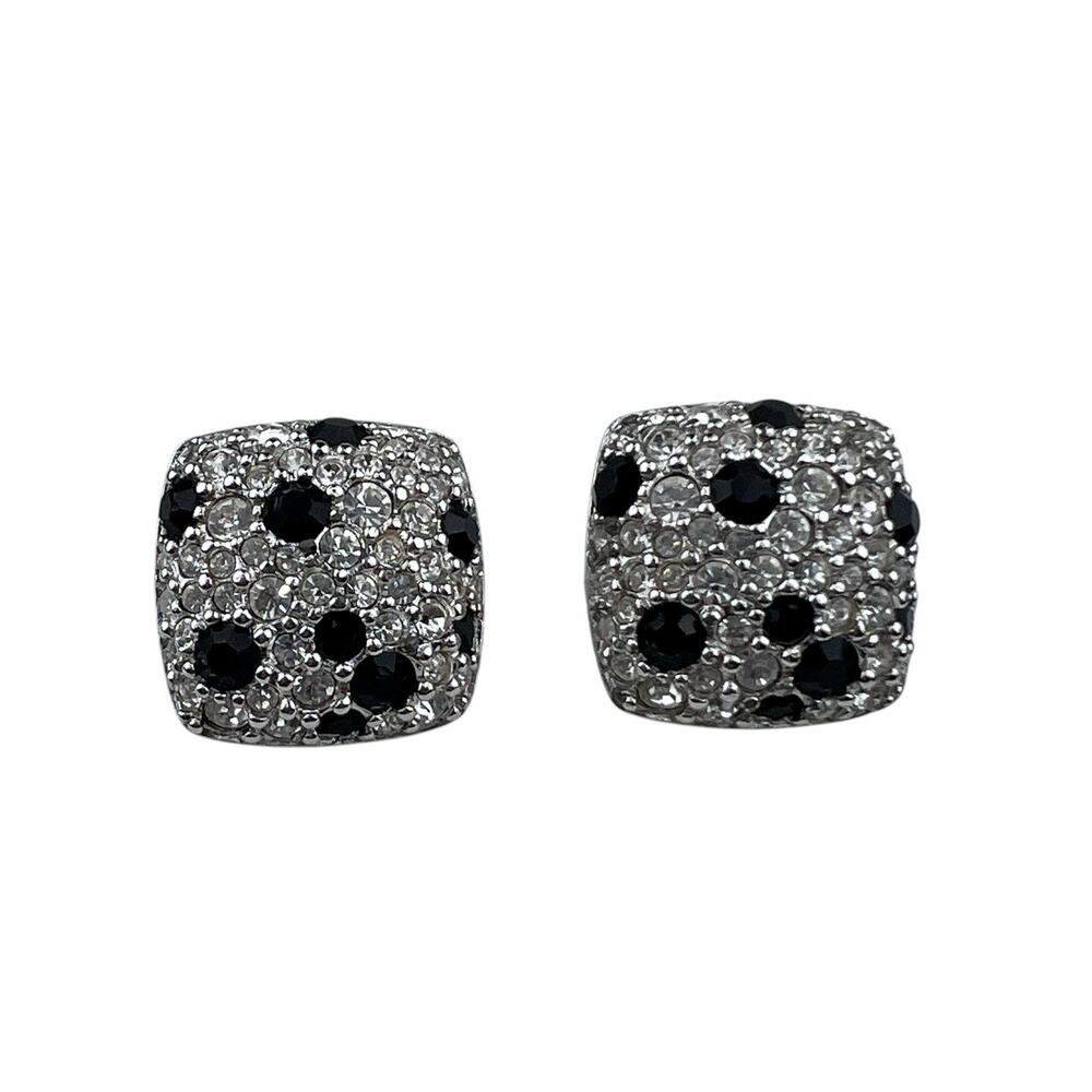 Swarovski Swan Logo Silver Tone Pave Clear & Black Crystals Clip On Earrings